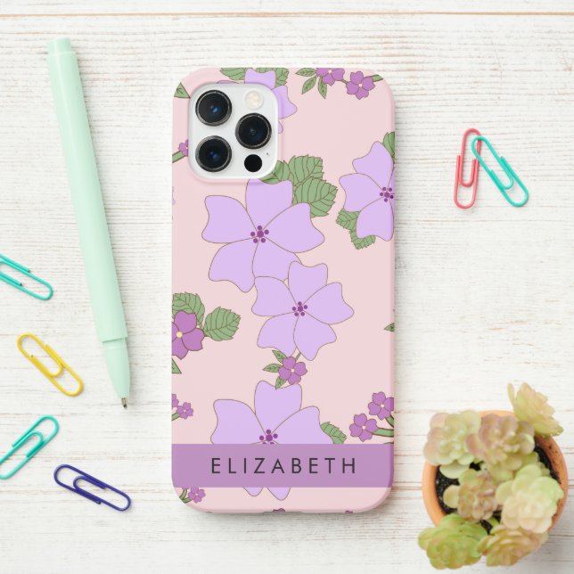 Purple Flowers, Pattern Of Flowers, Your Name iPhone Case (On Desk)