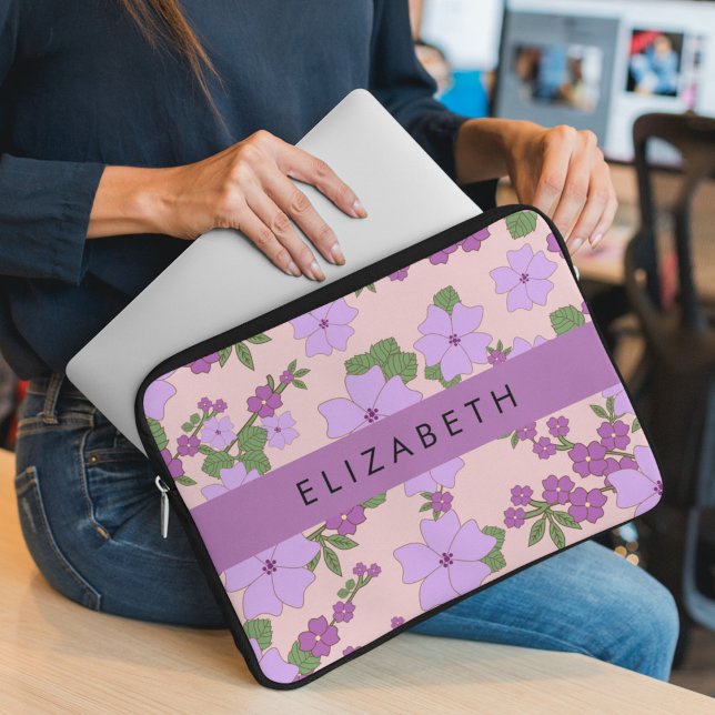 Purple Flowers, Pattern Of Flowers, Your Name Laptop Sleeve (Creator Uploaded)