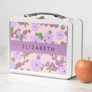 Purple Flowers, Pattern Of Flowers, Your Name Metal Lunch Box