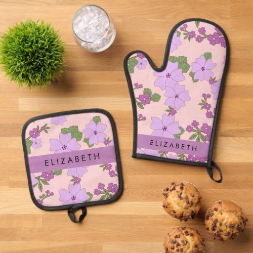 Purple Flowers Pattern Of Flowers Your Name Oven Mitt  Pot Holder Set