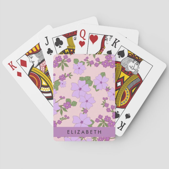 Purple Flowers, Pattern Of Flowers, Your Name Poker Cards (Back)