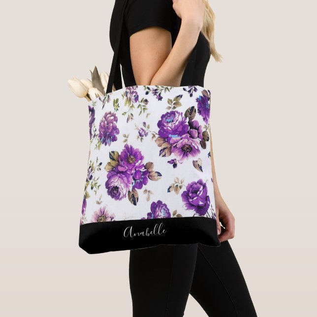 Purple Flowers Pattern with Monogram Tote Bag (Close Up)