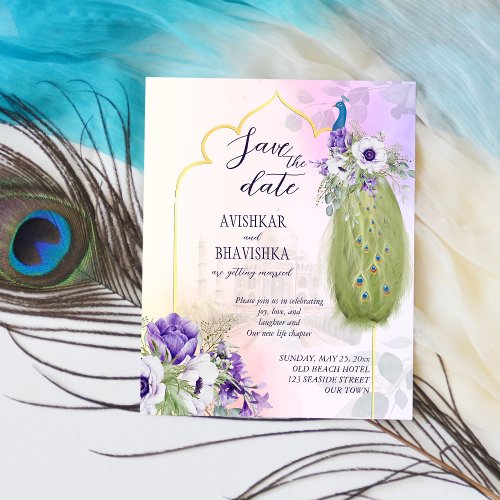 Purple flowers peacock budget save the date