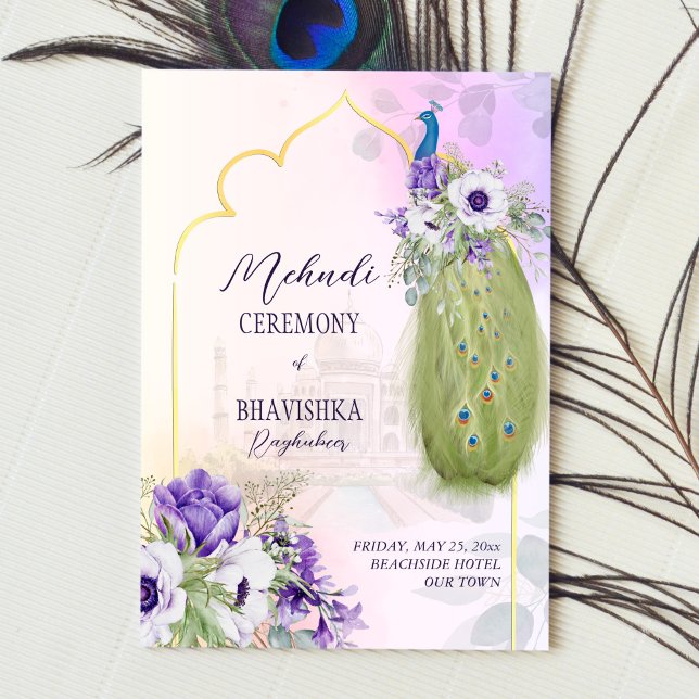 Purple flowers, peacock mehndi invitation (Creator Uploaded)