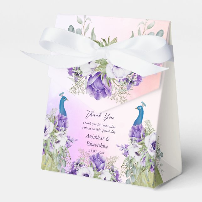 Purple flowers peacock wedding favor gift  boxes (Front Side)