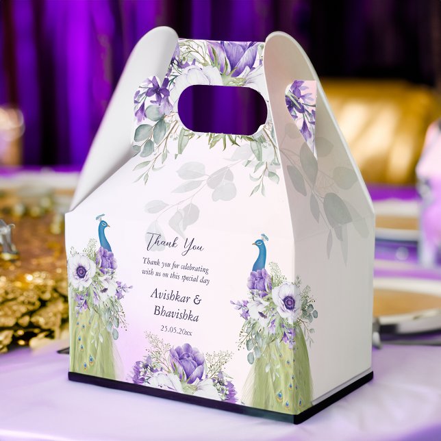 Purple flowers peacock wedding favor gift  favor boxes (Purple flowers peacocks  wedding favor gifts personalized printed  favor box template)