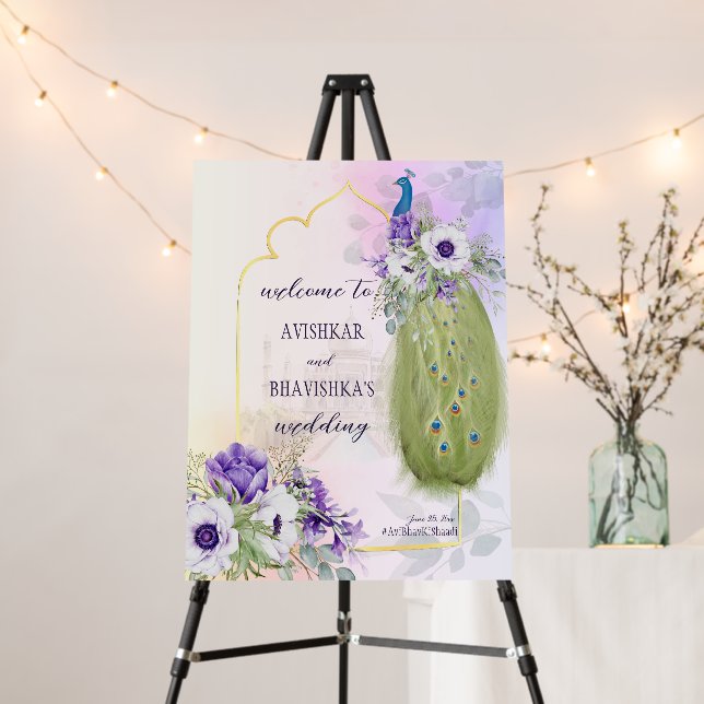Purple flowers peacock wedding welcome sign (In Situ (Stand))