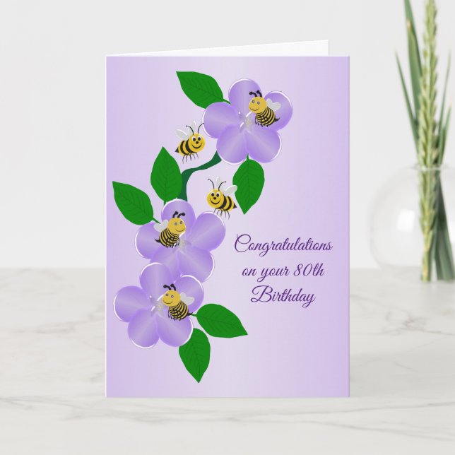 Purple Flowers Personalised 80th Birthday Card (Front)