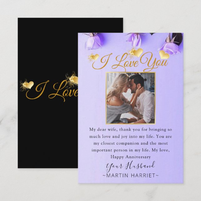 Purple Flowers Photo Anniversary Card For Wife (Front/Back)