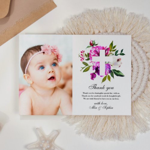 Purple Flowers Photo Baptism Thank You Card