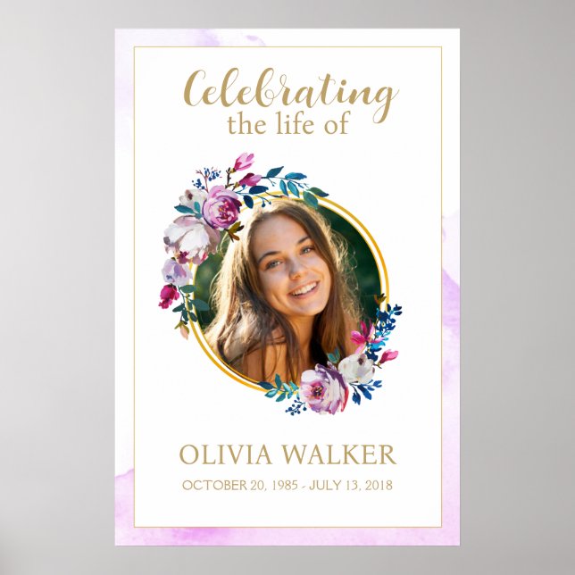 Purple Flowers Photo Funeral Memorial Sign (Front)