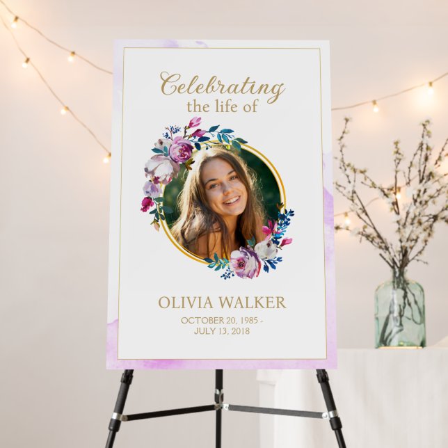 Purple Flowers Photo Funeral Memorial Sign (In Situ (Stand))