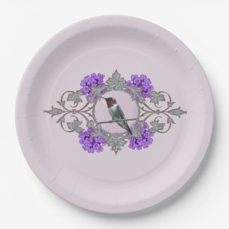 Purple Flowers, Photo of Ruby Throat Hummingbird Paper Plates
