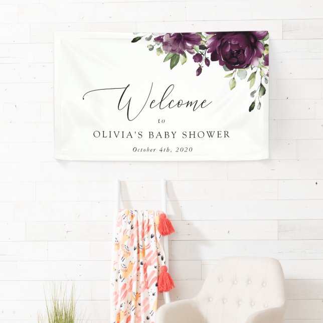 Purple Flowers, Plum Flowers, Baby Shower Welcome Banner (Insitu)