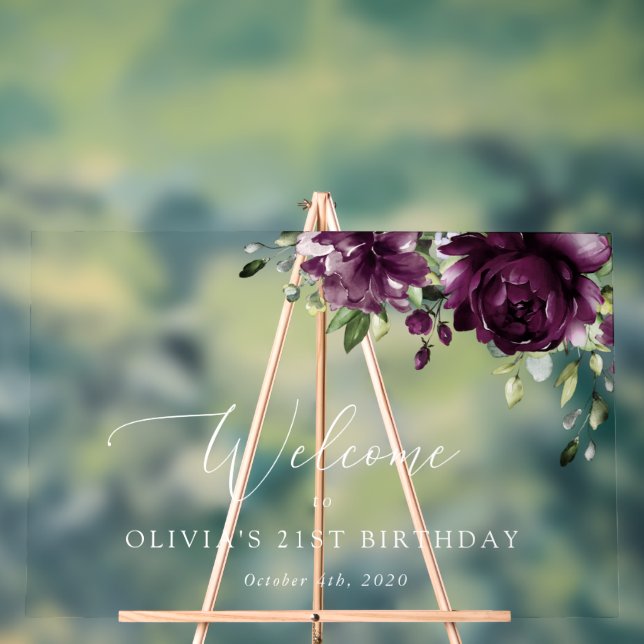 Purple Flowers, Plum Flowers, Birthday Welcome Acrylic Sign (Neutral)