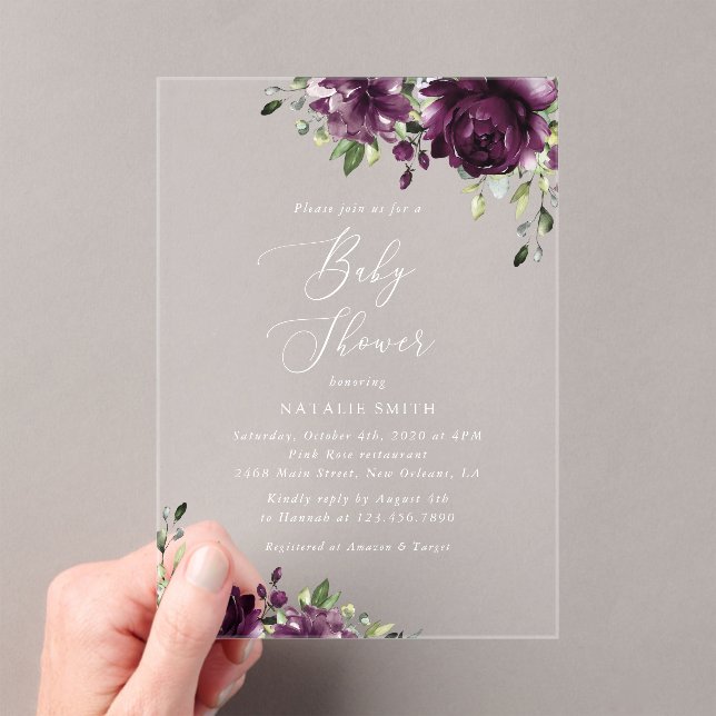 Purple Flowers, Plum Flowers, Boho, Baby Shower Acrylic Invitations (Insitu (Handheld))