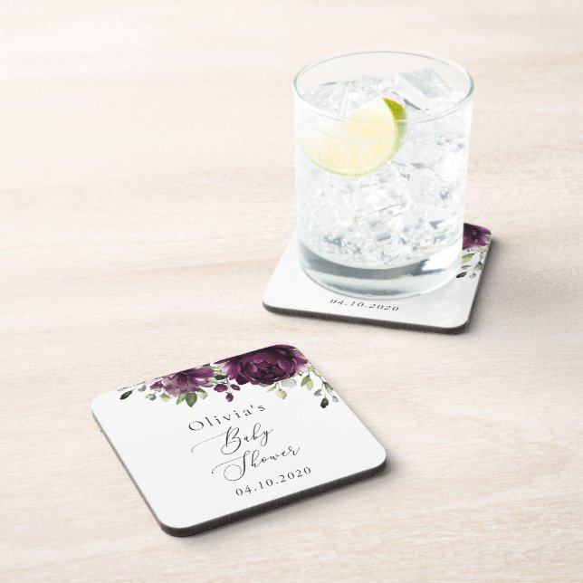 Purple Flowers, Plum Flowers, Boho, Baby Shower Beverage Coaster (Right Side)