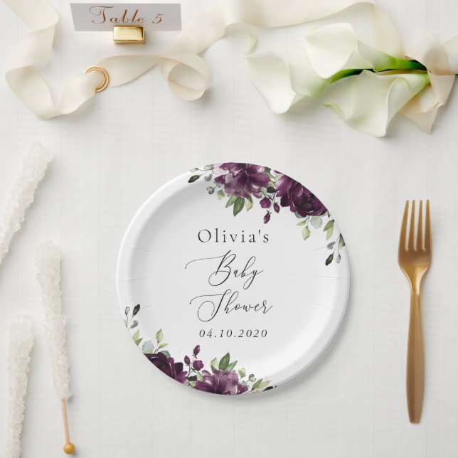 Purple Flowers, Plum Flowers, Boho, Baby Shower Paper Plates (Wedding)
