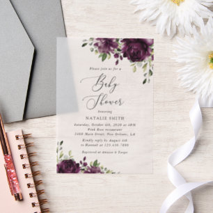 Purple Flowers, Plum Flowers, Boho, Baby Shower Vellum Invitations