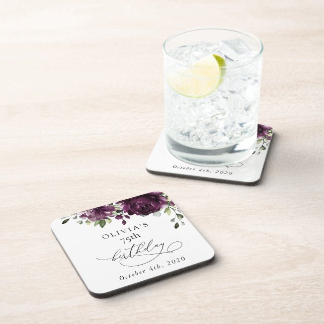 Purple Flowers, Plum Flowers, Boho, Birthday Beverage Coaster (Right Side)