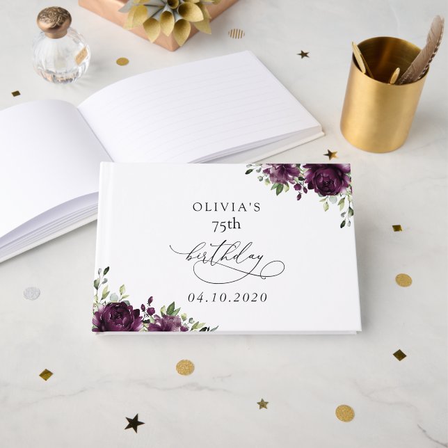 Purple Flowers, Plum Flowers, Boho, Birthday Guest Book (Front Open)