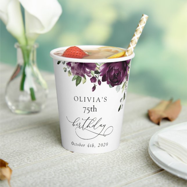 Purple Flowers, Plum Flowers, Boho, Birthday Paper Cups (Insitu)