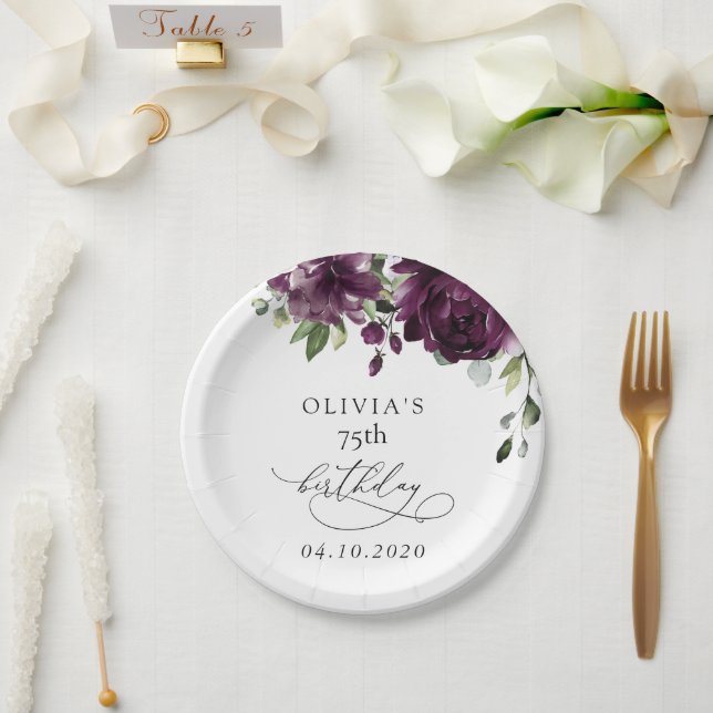 Purple Flowers, Plum Flowers, Boho, Birthday Paper Plates (Wedding)