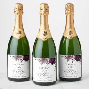 Purple Flowers, Plum Flowers, Boho, Birthday Sparkling Wine Label