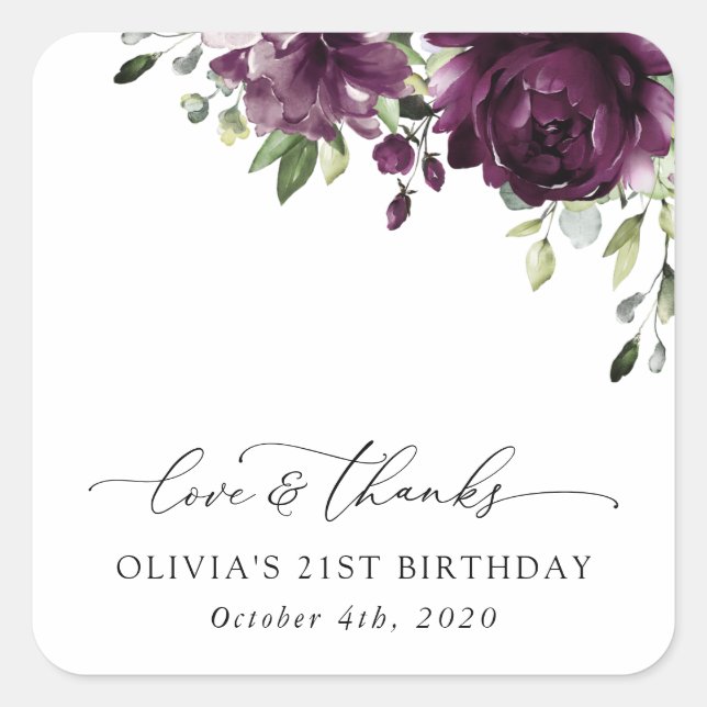 Purple Flowers, Plum Flowers, Boho, Birthday Square Sticker (Front)
