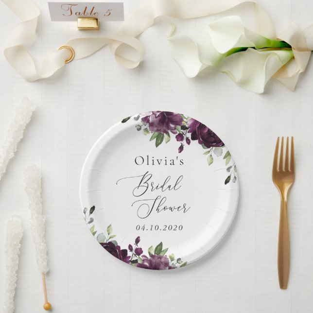 Purple Flowers, Plum Flowers, Boho, Bridal Shower Paper Plates (Wedding)
