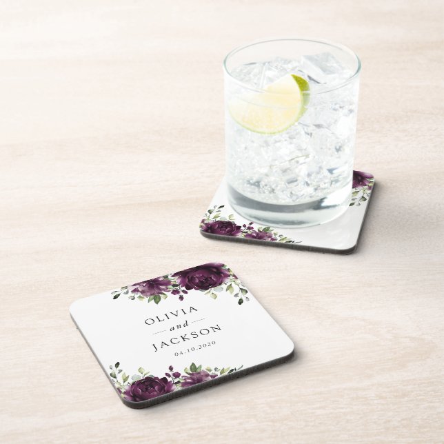 Purple Flowers, Plum Flowers, Boho, Floral Wedding Beverage Coaster (Right Side)