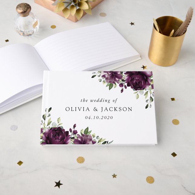 Purple Flowers, Plum Flowers, Boho, Floral Wedding Guest Book (Front Open)