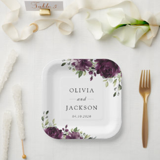 Purple Flowers, Plum Flowers, Boho, Floral Wedding Paper Plates