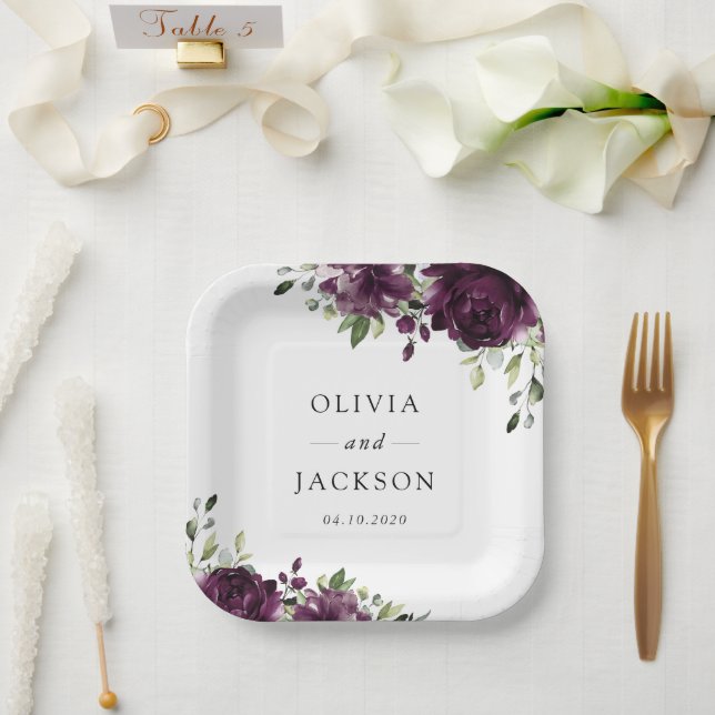 Purple Flowers, Plum Flowers, Boho, Floral Wedding Paper Plates (Wedding)