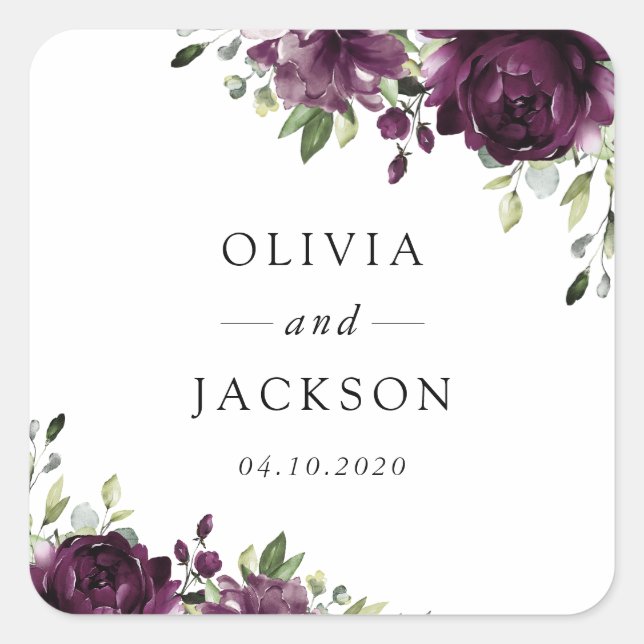 Purple Flowers, Plum Flowers, Boho, Floral Wedding Square Sticker (Front)