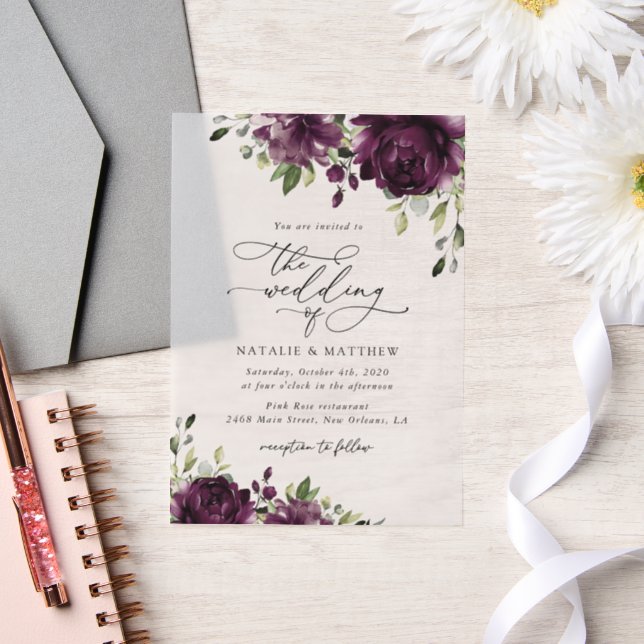 Purple Flowers, Plum Flowers, Boho, Floral Wedding Vellum Invitations (Wedding)