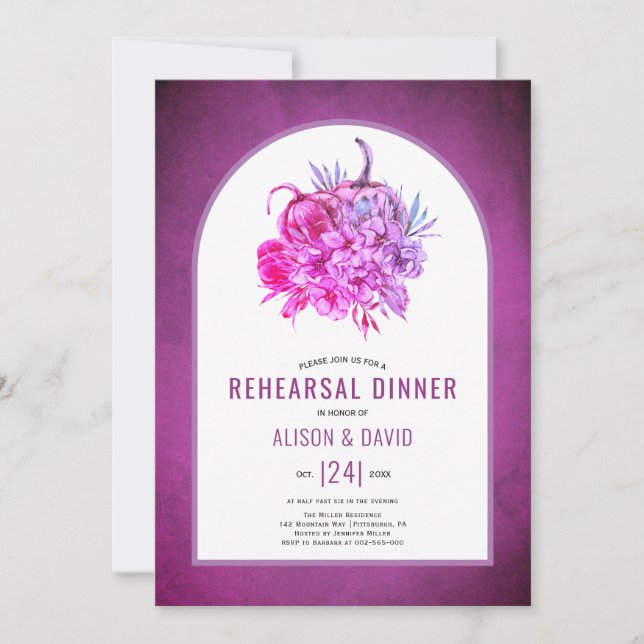 Purple flowers, pumpkins wedding rehearsal dinner invitation (Front)
