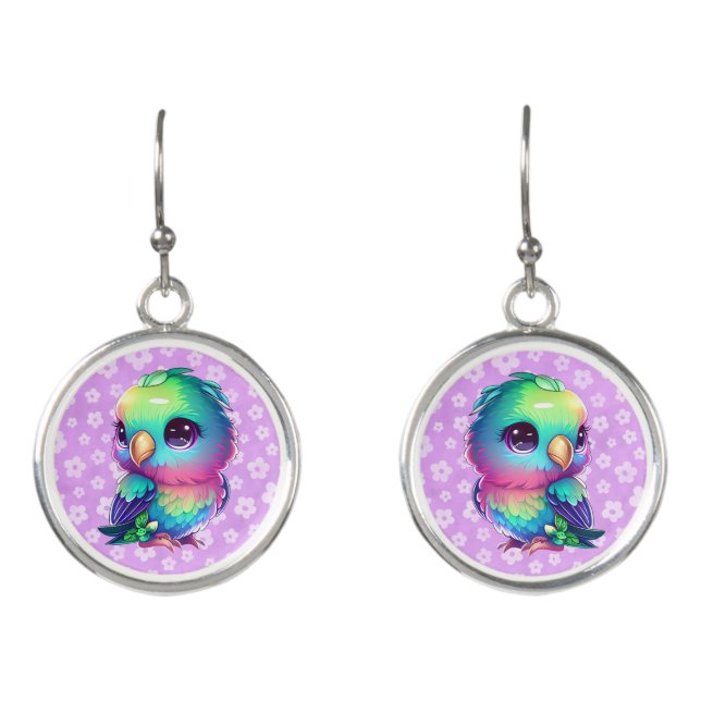 Purple Flowers Rainbow Bird Drop Earrings (Front)