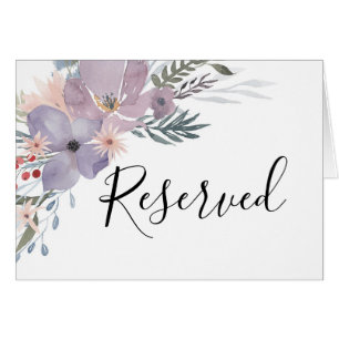 Purple flowers reserved sign. Botanical wedding Cards