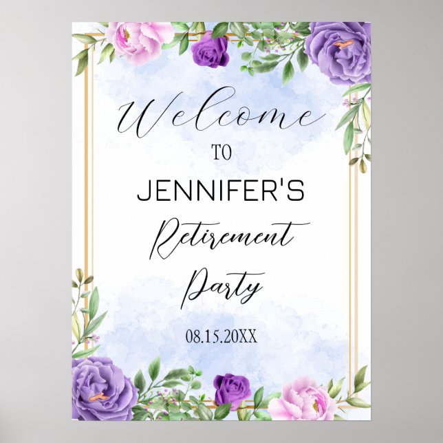 Purple Flowers Retirement Party Welcome Sign (Front)