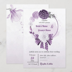 purple flowers & ribbon floral wreath wedding invitation