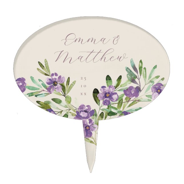 Purple Flowers Romantic Calligraphy Cake Topper (Front)