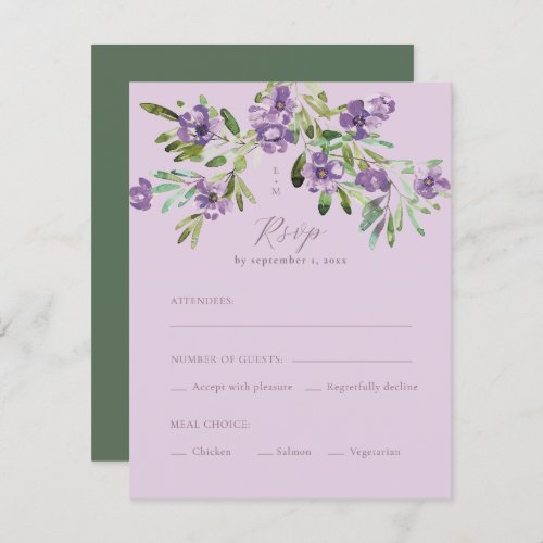 Purple Flowers Romantic Calligraphy Meal Choice RSVP Card