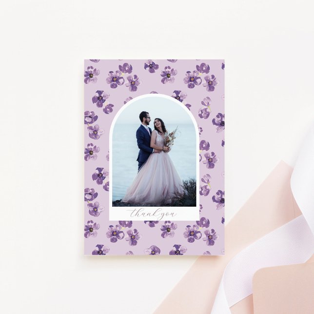 Purple Flowers Romantic Script Arch Photo Thank You Card (Creator Uploaded)
