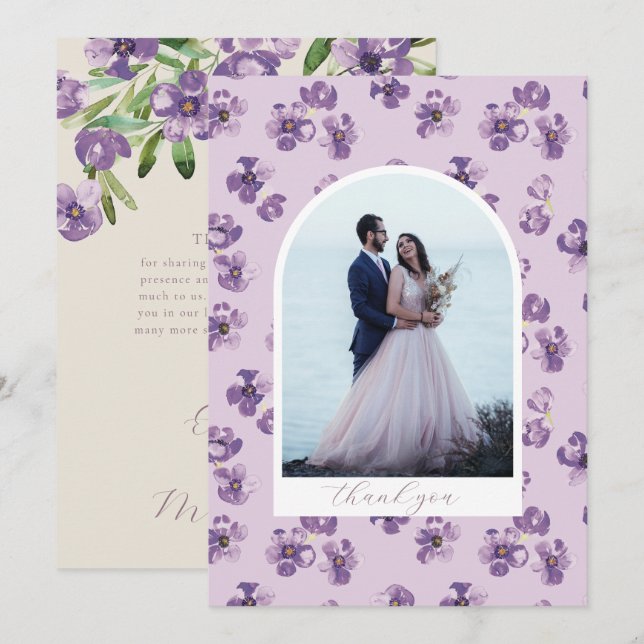 Purple Flowers Romantic Script Arch Photo Thank You Card (Front/Back)