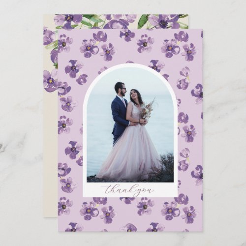Purple Flowers Romantic Script Arch Photo Thank You Card