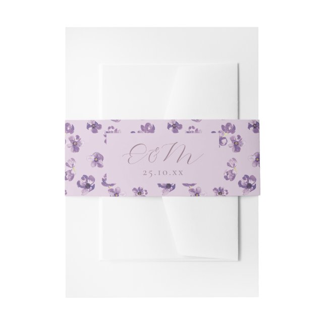 Purple Flowers Romantic Script Calligraphy Invitation Belly Band (Front Example)