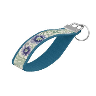 Purple Flowers, Sage and Blue Leafy Paisley Swirls Wrist Keychain