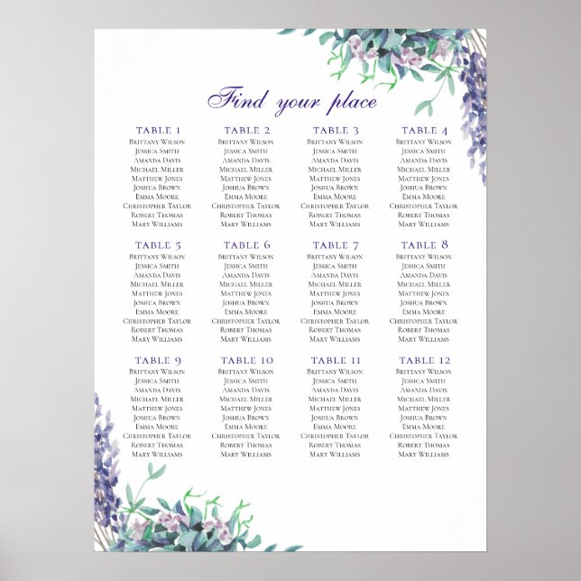 Purple flowers seating chart print. Teal wedding (Front)