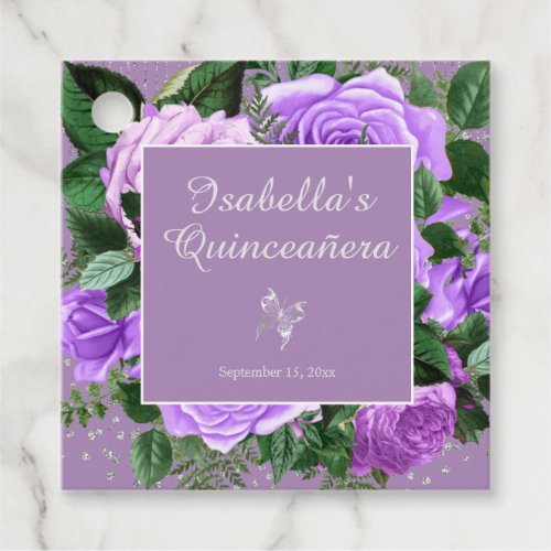 Purple Flowers Silver Butterfly Quinceaera  Favor Tags